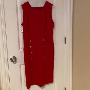 Red dress with gold buttons and pockets